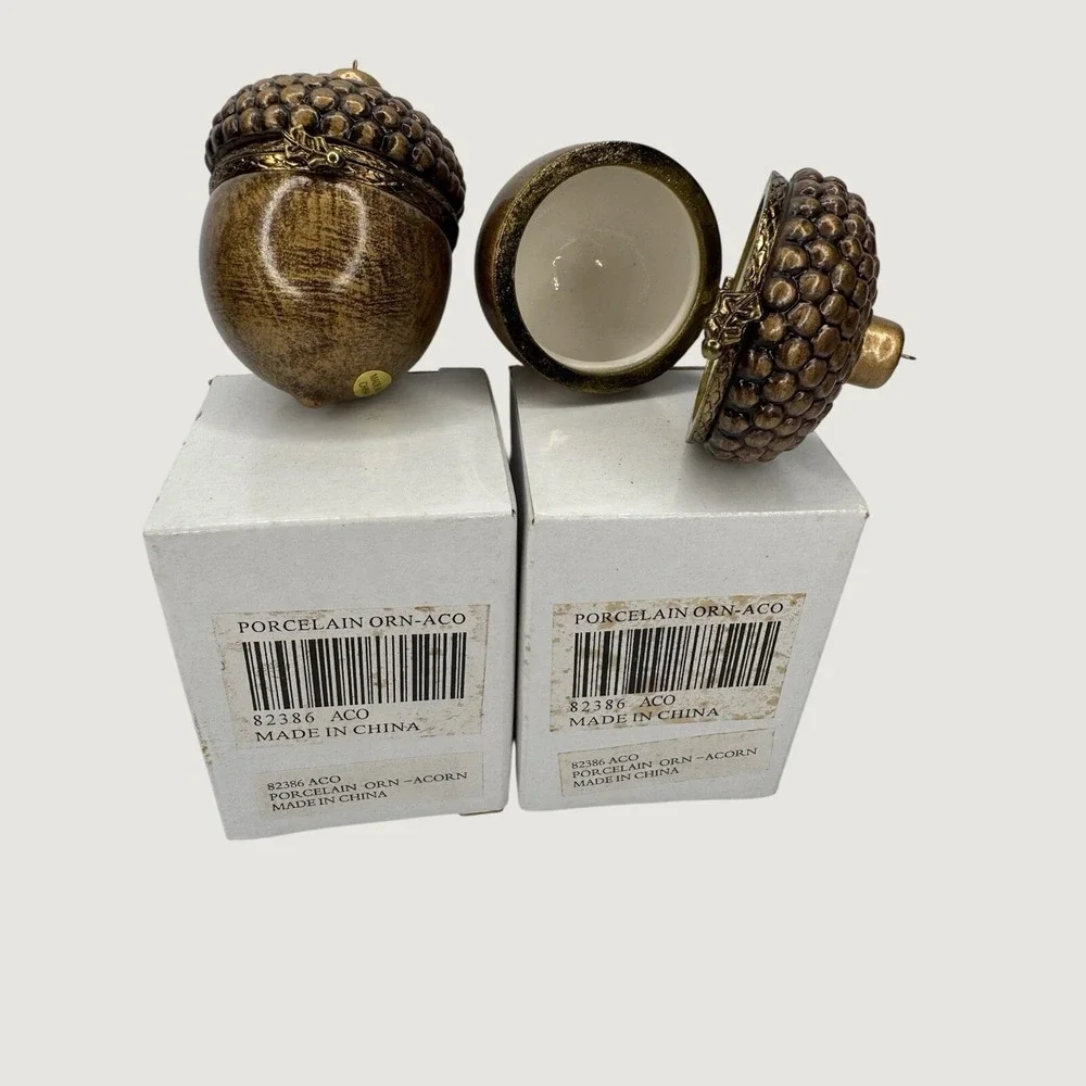 Set Of 2 Porcelain Acorn Hinged Trinket Box Ornaments Brown Gold NEW